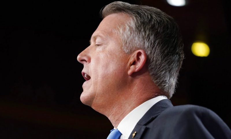 Sen. Roger Marshall, R-Kan., speaks to the media about the U.S. southern border, Wednesday, March 30, 2022, in Washington. (AP Photo/Mariam Zuhaib)