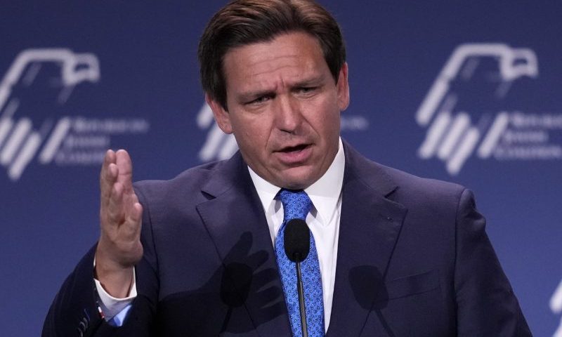Florida Gov. Ron DeSantis speaks at the annual leadership meeting of the Republican Jewish Coalition, Saturday, Nov. 19, 2022, in Las Vegas. (AP Photo/John Locher)