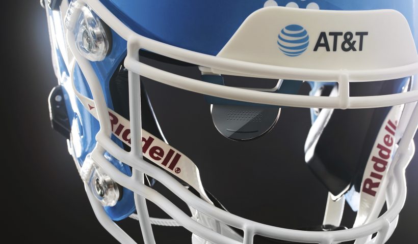 This handout provided by AT&T shows a football helmet developed for quarterbacks who are deaf or hard of hearing, at Gallaudet University in Washington D.C., Sept. 22, 2023. (Matt Monath/AT&T via AP)