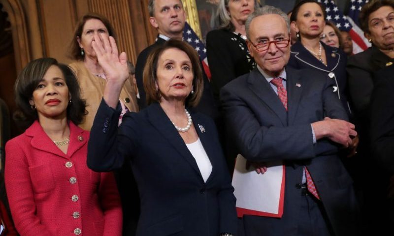 WASHINGTON, DC - MAY 15: (L-R) Rep. Lisa Blunt Rochester (D-DE), Speaker of the House Nancy Pelosi (D-CA), Senate Minority Leader Charles Schumer (D-NY) and other Congressional Democrats hold a rally and news conference ahead of a House vote on health care and prescription drug legislation in the Rayburn Room at the U.S. Capitol May 15, 2019 in Washington, DC. The bicameral group of Democrats urged Senate Majority Leader Mitch McConnell (R-KY) to bring the Strengthening Health Care and Lowering Prescription Drug Costs Act up for a vote in the Senate. (Photo by Chip Somodevilla/Getty Images)