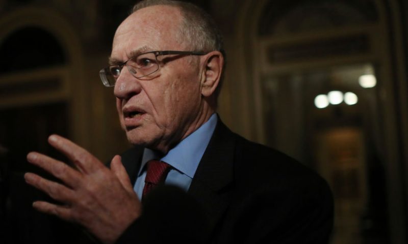 WASHINGTON, DC - JANUARY 29: Attorney Alan Dershowitz, a member of President Donald Trump's legal team, speaks to the press in the Senate Reception Room during the Senate impeachment trial at the U.S. Capitol on January 29, 2020 in Washington, DC. Wednesday begins the question-and-answer phase of the impeachment trial that will last up to 16 hours over the next two days. (Photo by Mario Tama/Getty Images)