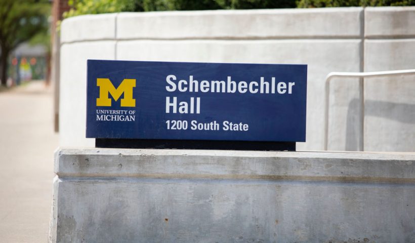 ANN ARBOR, MI - JUNE 16: A sign for Schembechler Hall, named for former University of Michigan football coach Bo Schembechler, is shown on the UM campus on June 16, 2021 in Ann Arbor, Michigan. Several dozen people are accusing the late Dr. Robert Anderson, former Head of University of Michigan Health Services and former UM football team doctor, of sexually abusing or sexually assaulting them. Matthew Schembechler, son of former Michigan football coach Bo Schembechler, and others have claimed they had notified Bo Schembechler about the abuse and that he had done nothing about it. Dr. Anderson passed away in 2008. (Photo by Bill Pugliano/Getty Images)