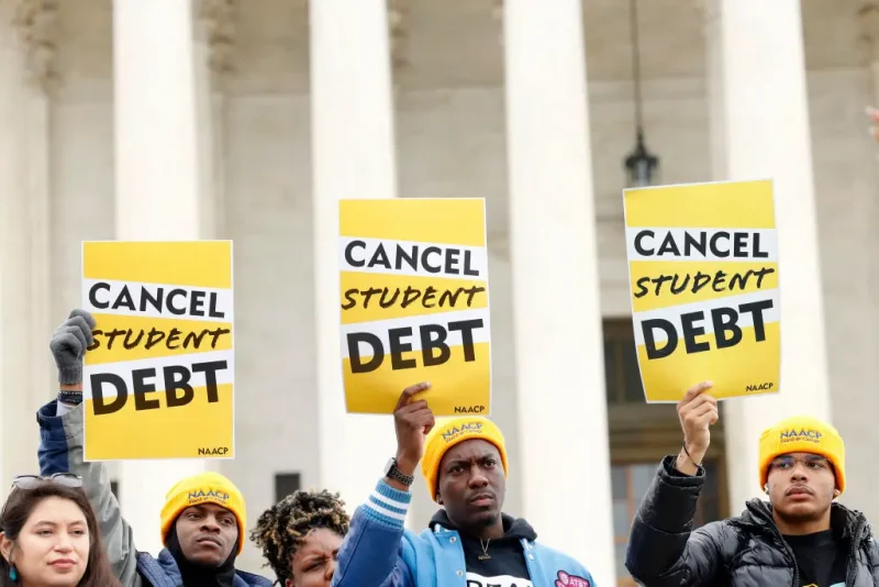 WASHINGTON, DC - FEBRUARY 28: Student loan borrowers and advocates gather for the People's Rally To Cancel Student Debt During The Supreme Court Hearings On Student Debt Relief on February 28, 2023 in Washington, DC. (Photo by Jemal Countess/Getty Images for People's Rally to Cancel Student Debt )