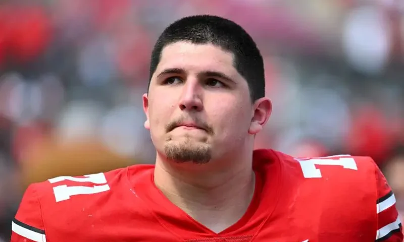 Ben Christman #71 of the Ohio State Buckeyes walks off the field following the Spring Game at Ohio Stadium on April 15, 2023 in Columbus, Ohio. (Photo by Ben Jackson/Getty Images)