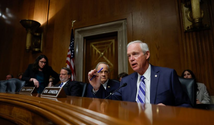 WASHINGTON, DC - APRIL 18: Sen. Ron Johnson (R-WI) speaks during a Senate Homeland Security Committee hearing with U.S. Secretary of Homeland Security Alejandro Mayorkas in the Dirksen Senate Office Building on April 18, 2023 in Washington, DC. Mayorkas testified on the Department of Homeland Security's Fiscal Year 2024 budget request and took questions on a range of topics including the U.S. northern and southern borders. (Photo by Anna Moneymaker/Getty Images)
