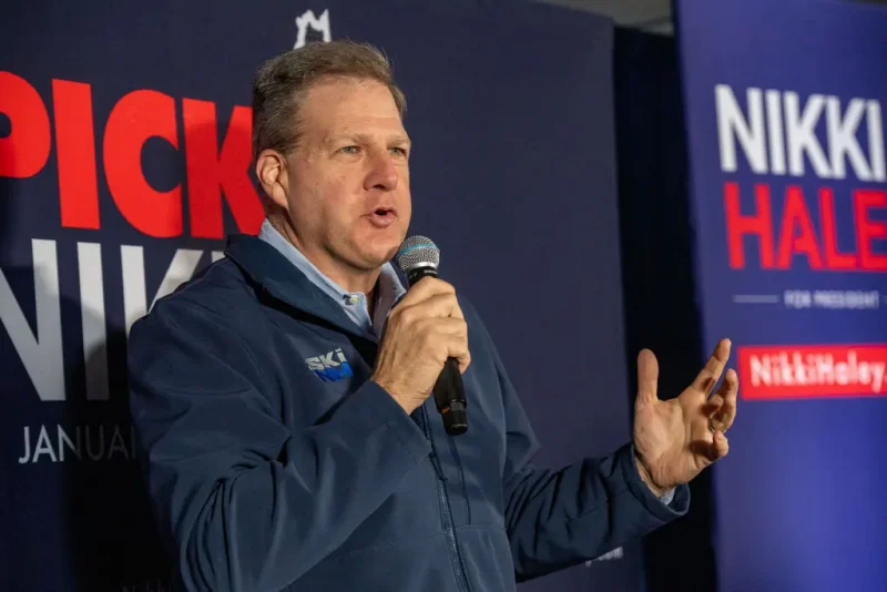 New Hampshire Governor Chris Sununu introduces Republican presidential hopeful and former UN Ambassador Nikki Haley before she speaks at a campaign event in Franklin, New Hampshire on January 22, 2024. (Photo by Joseph Prezioso / AFP) (Photo by JOSEPH PREZIOSO/AFP via Getty Images)