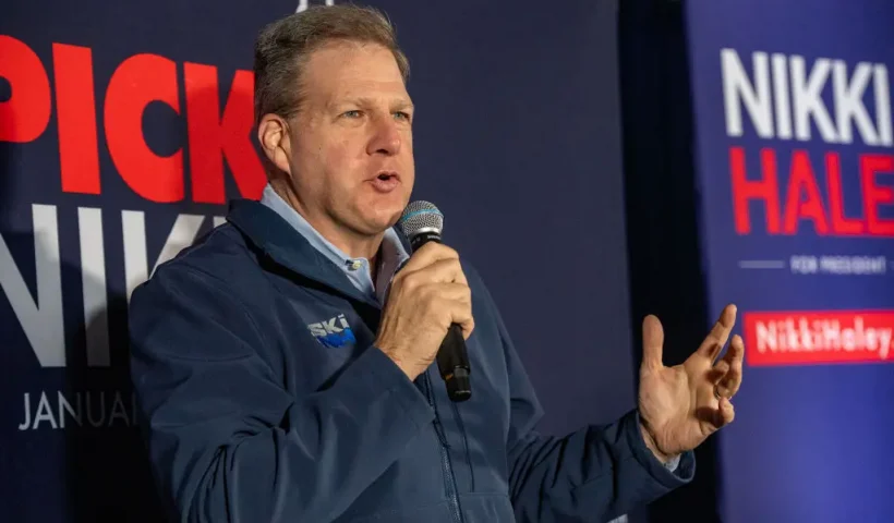 New Hampshire Governor Chris Sununu introduces Republican presidential hopeful and former UN Ambassador Nikki Haley before she speaks at a campaign event in Franklin, New Hampshire on January 22, 2024. (Photo by Joseph Prezioso / AFP) (Photo by JOSEPH PREZIOSO/AFP via Getty Images)