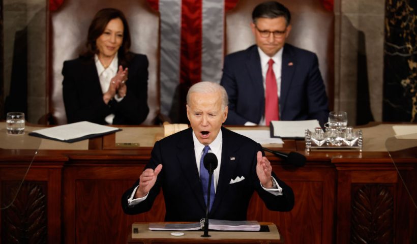 WASHINGTON, DC - MARCH 07: U.S. President Joe Biden delivers the State of the Union address during a joint meeting of Congress in the House chamber at the U.S. Capitol on March 07, 2024 in Washington, DC. This is Biden’s last State of the Union address before the general election this coming November. Biden was joined by Vice President Kamala Harris and Speaker of the House Mike Johnson (R-LA). (Photo by Chip Somodevilla/Getty Images)