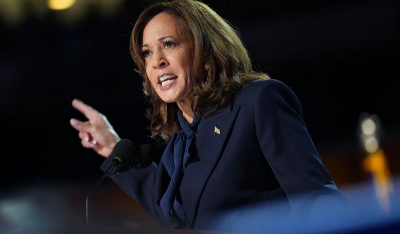 CHICAGO, ILLINOIS - AUGUST 22: Democratic presidential candidate, U.S. Vice President Kamala Harris speaks on stage during the final day of the Democratic National Convention at the United Center on August 22, 2024 in Chicago, Illinois. Delegates, politicians, and Democratic Party supporters are gathering in Chicago, as current Vice President Kamala Harris is named her party's presidential nominee. The DNC takes place from August 19-22. (Photo by Andrew Harnik/Getty Images)