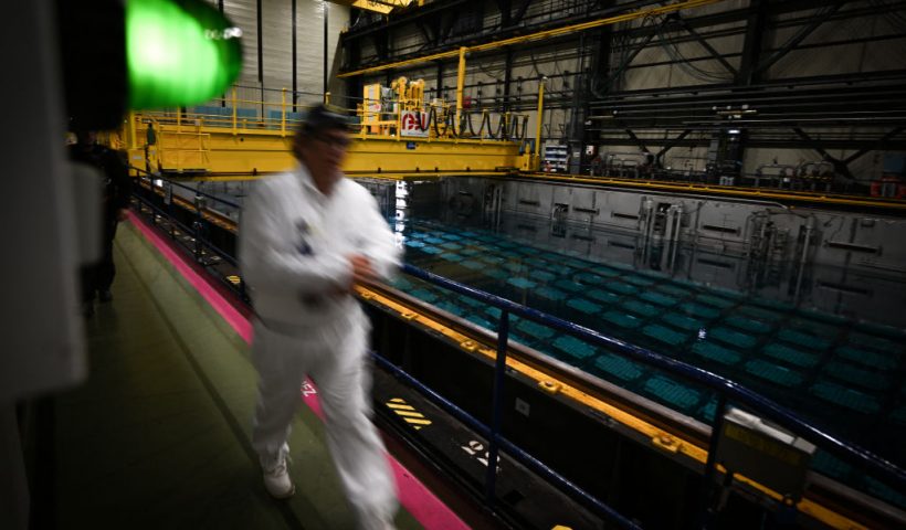 This photograph shows a nuclear spent fuel pool (SFP) at the Orano la Hague reprocessing plant, in La Hague, northwestern France, on August 29, 2024. (Photo by LOU BENOIST / AFP) (Photo by LOU BENOIST/AFP via Getty Images)
