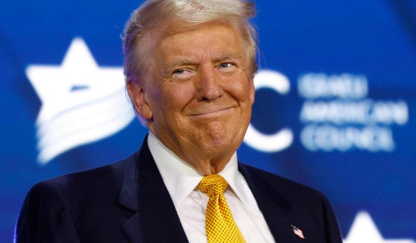 WASHINGTON, DC - SEPTEMBER 19: Republican presidential nominee former U.S. President Donald Trump speaks at the Israeli American Council National Summit at the Washington Hilton on September 19, 2024 in Washington, DC. Trump addressed the pro-Israel conference, stating that if he is not elected president Israel will be “eradicated” within two years. (Photo by Kevin Dietsch/Getty Images)
