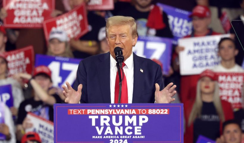 READING, PENNSYLVANIA - OCTOBER 09: Republican presidential nominee, former U.S. President Donald Trump speaks at a campaign rally at the Santander Arena on October 9, 2024 in Reading, Pennsylvania. With 26 days until the presidential election, Trump is campaigning across the battleground state of Pennsylvania, including a stop earlier in the day in President Joe Biden's hometown of Scranton. (Photo by Alex Wong/Getty Images)