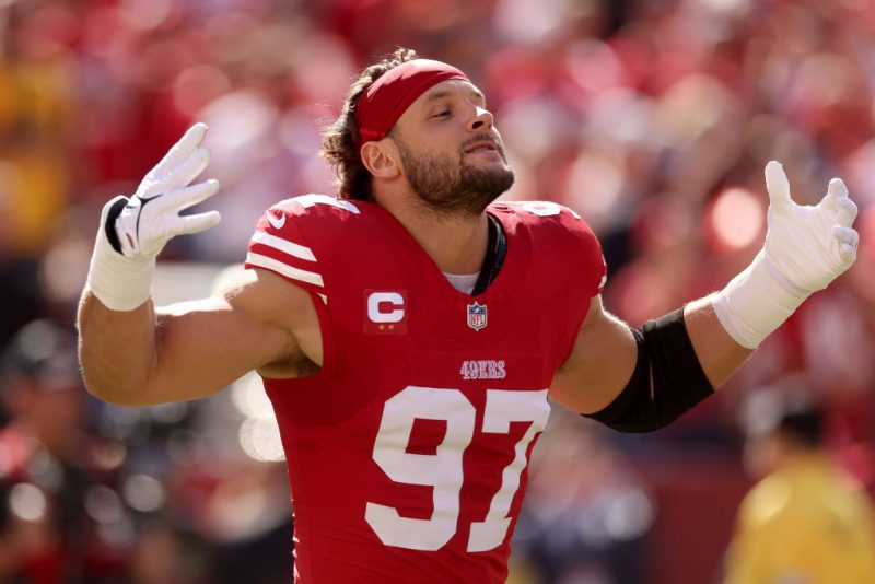 SANTA CLARA, CALIFORNIA - OCTOBER 20: Nick Bosa #97 of the San Francisco 49ers takes the field for their game against the Kansas City Chiefs at Levi's Stadium on October 20, 2024 in Santa Clara, California. (Photo by Ezra Shaw/Getty Images)