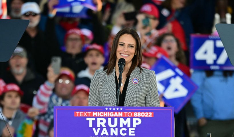 Conservative political commentator Tudor Dixon speaks during a campaign rally with former US President Republican presidential candidate Donald Trump in Traverse City, Michigan on October 25, 2024. (Photo by Jim WATSON / AFP) (Photo by JIM WATSON/AFP via Getty Images)