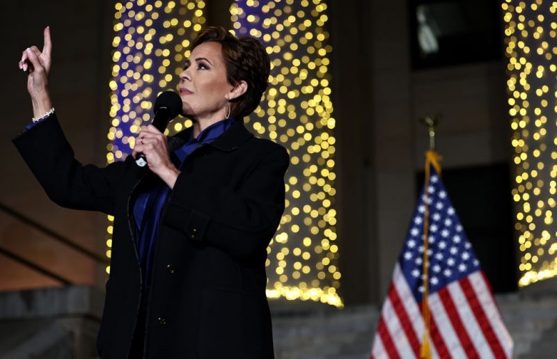 PRESCOTT, ARIZONA - NOVEMBER 04: Arizona Republican U.S. Senate candidate Kari Lake speaks at her Election Eve Rally outside the Yavapai County Courthouse on November 4, 2024 in Prescott, Arizona. Lake is running against Arizona Democratic Senate candidate U.S. Rep. Ruben Gallego (D-AZ). (Photo by Mario Tama/Getty Images)