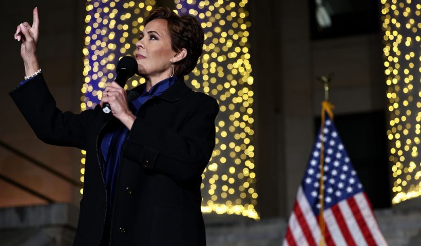 PRESCOTT, ARIZONA - NOVEMBER 04: Arizona Republican U.S. Senate candidate Kari Lake speaks at her Election Eve Rally outside the Yavapai County Courthouse on November 4, 2024 in Prescott, Arizona. Lake is running against Arizona Democratic Senate candidate U.S. Rep. Ruben Gallego (D-AZ). (Photo by Mario Tama/Getty Images)