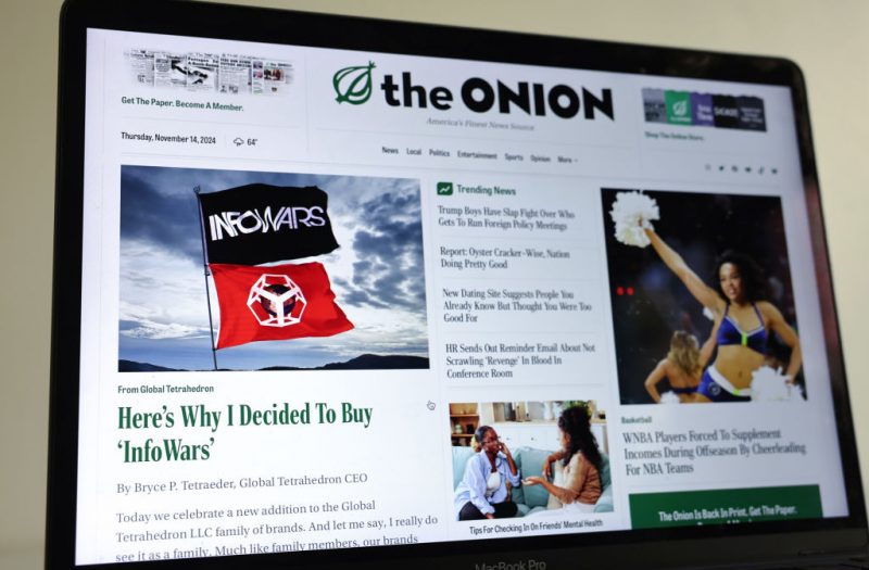 Alex Jones, Infowars, The Onion, Christopher Lopez, Austin, Texas, Sandy Hook Elementary School, Christopher Murray, First United American Companies, nutritional supplements, Bell Collins, Clickhole, Everytown for Gun Safety, Global Tetrahedron, Bryce P. Tetraeder, bankruptcy auction, parody, gun violence prevention, business, entertainment, news, tech, technology