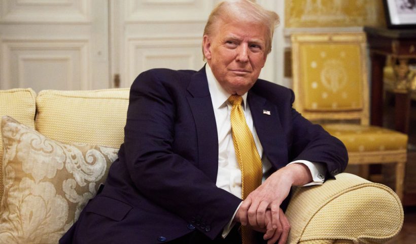 PARIS, FRANCE - DECEMBER 7: President-Elect Donald Trump reacts during his meeting with Prince William, Prince of Wales at the Embassy of the United Kingdom's Residence on December 7, 2024 in Paris, France. Donald Trump was among the wave of foreign dignitaries descending on Paris this weekend to attend a reopening ceremony at Notre-Dame Cathedral, more than five years after it was damaged in a major fire. (Photo by Oleg Nikishin/Getty Images)