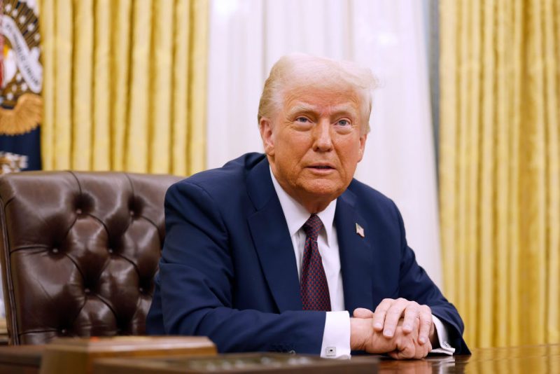 WASHINGTON, DC - JANUARY 23: U.S. President Donald Trump speaks to reporters after signing a series of executive orders in the Oval Office of the White House on January 23, 2025 in Washington, DC. Trump signed a range of executive orders pertaining to issues including crypto currency, Artificial Intelligence, and clemency for anti-abortion activists. (Photo by Anna Moneymaker/Getty Images)