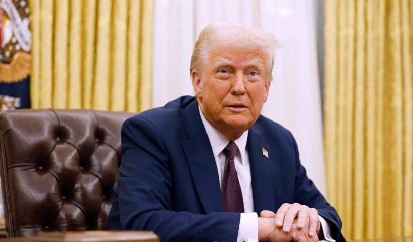 WASHINGTON, DC - JANUARY 23: U.S. President Donald Trump speaks to reporters after signing a series of executive orders in the Oval Office of the White House on January 23, 2025 in Washington, DC. Trump signed a range of executive orders pertaining to issues including crypto currency, Artificial Intelligence, and clemency for anti-abortion activists. (Photo by Anna Moneymaker/Getty Images)