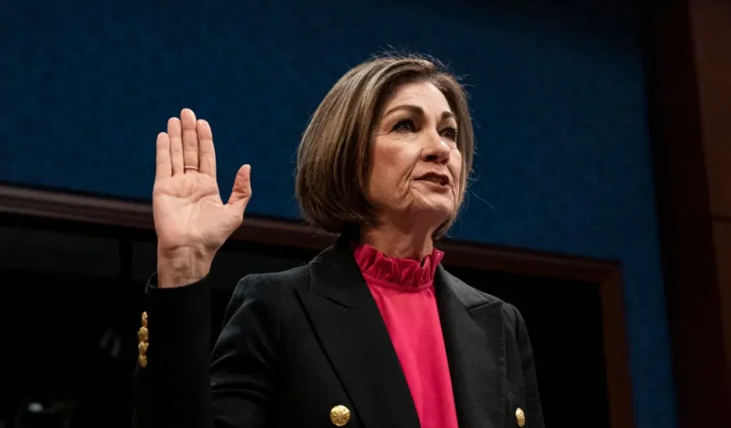 WASHINGTON, DC - FEBRUARY 5: Iowa Governor Kim Reynolds is sworn-in during a House Oversight and Accountability Committee hearing on "Rightsizing Federal Government," on Capitol Hill, on February 5, 2025 in Washington, DC. The hearing comes as the Trump administration embarks on an aggressive effort to shrink the federal workforce via a variety of ways, including the president's call for mass resignations. (Photo by Al Drago/Getty Images)
