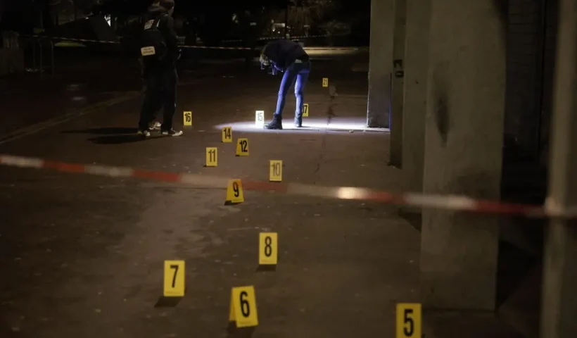 Police investigators work near the scene of an explosion at a bar where a grenade was thrown, in Grenoble, on February 12, 2025. At least nine people were injured, one seriously, after an explosion, possibly of criminal origin, in a bar in Grenoble on February 12, 2025. The explosion took place shortly after 8pm emergency services told AFP. A source close to the case mentioned a possible malicious act that could be due to a grenade. (Photo by Maxime GRUSS / AFP) (Photo by MAXIME GRUSS/AFP via Getty Images)