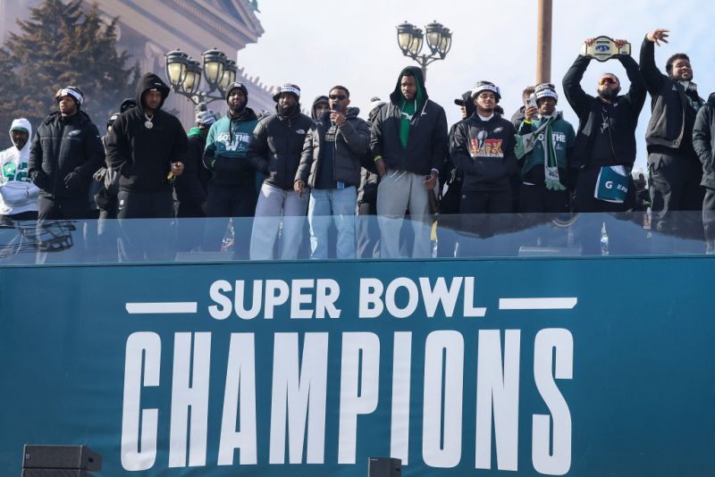 PHILADELPHIA, PENNSYLVANIA - FEBRUARY 14: The Philadelphia Eagles celebrate during the Philadelphia Eagles Super Bowl Championship Parade on February 14, 2025 in Philadelphia, Pennsylvania. (Photo by Emilee Chinn/Getty Images)