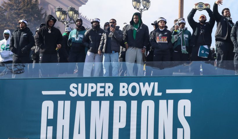 PHILADELPHIA, PENNSYLVANIA - FEBRUARY 14: The Philadelphia Eagles celebrate during the Philadelphia Eagles Super Bowl Championship Parade on February 14, 2025 in Philadelphia, Pennsylvania. (Photo by Emilee Chinn/Getty Images)