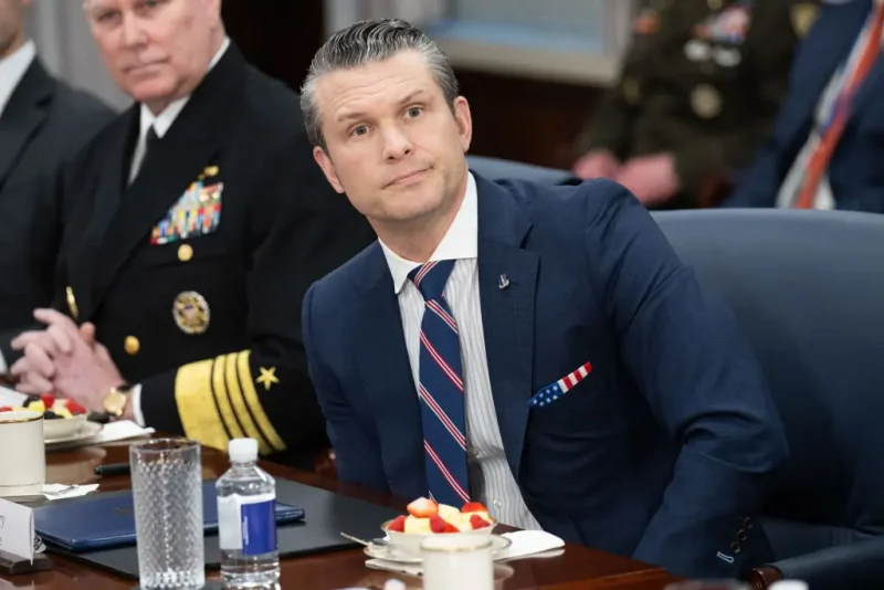 US Secretary of Defense Pete Hegseth speaks as he meets with Saudi Defense Minister Prince Khalid bin Salman at the Pentagon in Washington, DC, on February 24, 2025. (Photo by SAUL LOEB / AFP) (Photo by SAUL LOEB/AFP via Getty Images)