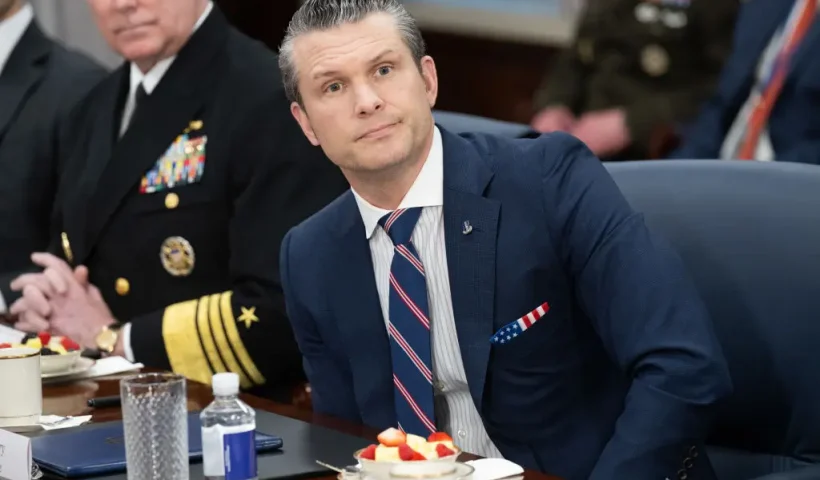 US Secretary of Defense Pete Hegseth speaks as he meets with Saudi Defense Minister Prince Khalid bin Salman at the Pentagon in Washington, DC, on February 24, 2025. (Photo by SAUL LOEB / AFP) (Photo by SAUL LOEB/AFP via Getty Images)