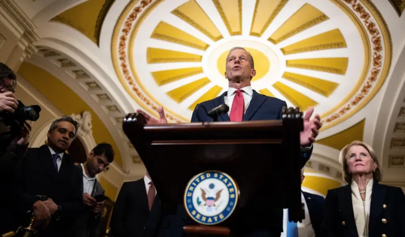 WASHINGTON, DC - MARCH 4: U.S. Senate Majority Leader John Thune (R-SD) speaks during a news conference following the weekly Senate Republican policy luncheon at the U.S. Capitol on March 4, 2025 in Washington, DC. During the news conference, Senate Republicans spoke on a range of topics including transgender athletes participating in girls' and women's sports and President Trump's newly implemented tariffs on Canada, China and Mexico. (Photo by Tierney L. Cross/Getty Images)