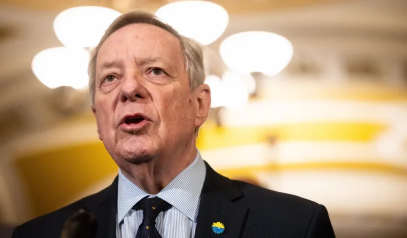 WASHINGTON, DC - MARCH 4: Sen. Richard Durbin (D-IL) speaks during a news conference following the weekly Senate Democrats policy luncheon at the U.S. Capitol on March 4, 2025 in Washington, DC. During the news conference Senate Democrats discussed President Trump's policies during his first few weeks in office ahead of the president's address to a joint session of Congress tonight. (Photo by Tierney L. Cross/Getty Images)