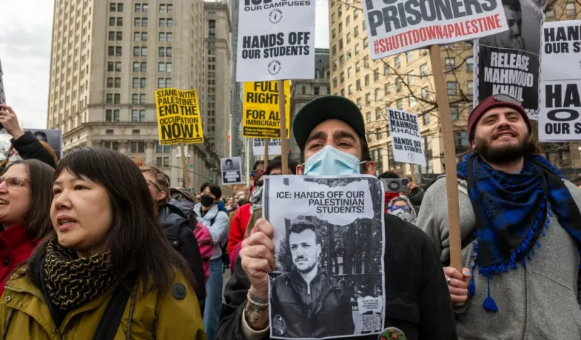 NEW YORK, NEW YORK - MARCH 12: Hundreds turn out outside of a New York court to protest the arrest and detention of Mahmoud Khalil, a green card holder and recent Columbia graduate who played a role in pro-Palestinian protests at the university on March 12, 2025 in New York City. A federal judge in New York will hear arguments for and against Khalil, a Palestinian and legal permanent resident of the United States. He was arrested by federal immigration agents in New York City on Saturday and was subsequently transferred to a facility in Jena, Louisiana, where he is being held. (Photo by Spencer Platt/Getty Images)