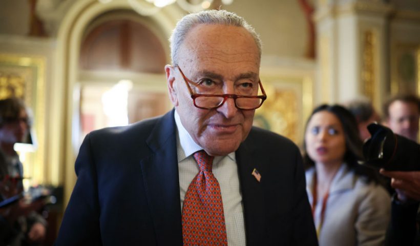 WASHINGTON, DC - MARCH 13: Senate Minority Leader Chuck Schumer (D-NY) leaves the Democratic caucus lunch at the U.S. Capitol on March 13, 2025 in Washington, DC. On Wednesday Senate Democrats, not in line with the continuing resolution passed by House Republicans providing a six-month funding extension to avert a government shutdown, proposed an alternate plan that would fund the government in the short term through April 11. (Photo by Kayla Bartkowski/Getty Images)