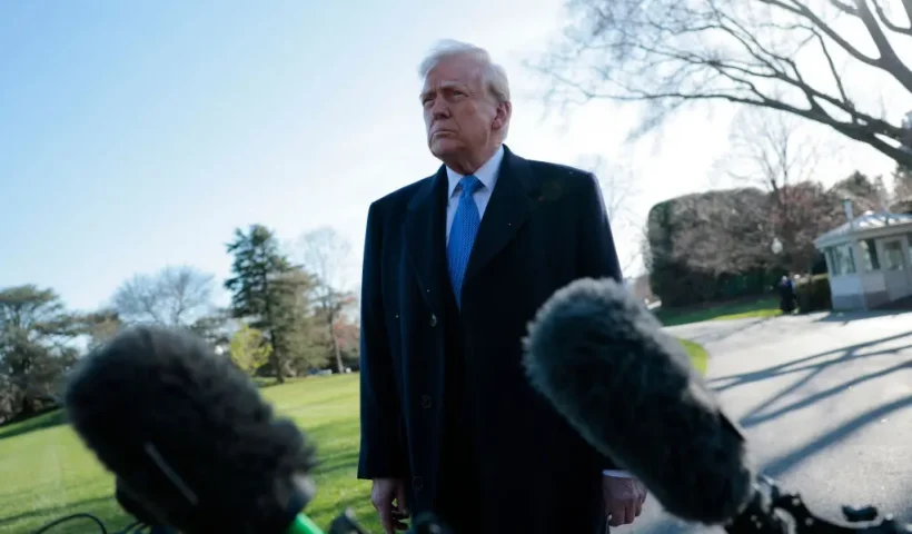 WASHINGTON, DC - MARCH 21: U.S. President Donald Trump speaks to reporters before boarding Marine One at the White House on March 21, 2025 in Washington, DC. Trump is traveling to Bedminster, New Jersey and is expected to attend the 2025 NCAA Division I Men’s Wrestling Championship in Philadelphia tomorrow. (Photo by Anna Moneymaker/Getty Images)