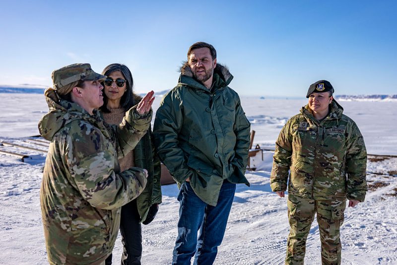PITUFFIK, GREENLAND - MARCH 28: US Vice President JD Vance (2nd-R) and second lady Usha Vance (2nd-L) tour the US military's Pituffik Space Base on March 28, 2025 in Pituffik, Greenland. The visit is viewed by Copenhagen and Nuuk as a provocation amid President Donald Trump's bid to annex the strategically-placed, resource-rich Danish territory. (Photo by Jim Watson - Pool/Getty Images)