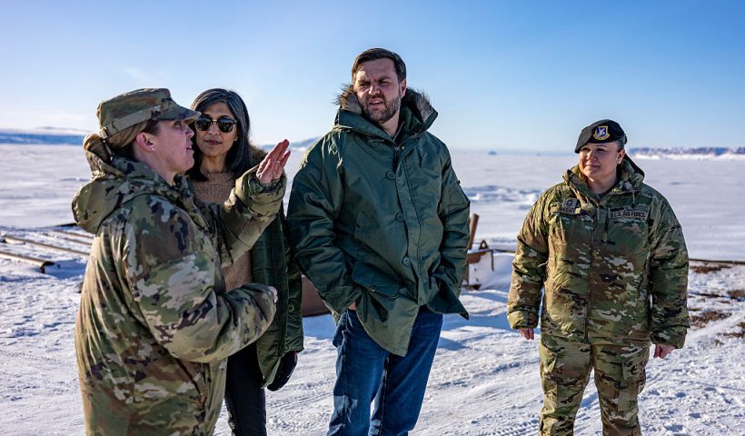 PITUFFIK, GREENLAND - MARCH 28: US Vice President JD Vance (2nd-R) and second lady Usha Vance (2nd-L) tour the US military's Pituffik Space Base on March 28, 2025 in Pituffik, Greenland. The visit is viewed by Copenhagen and Nuuk as a provocation amid President Donald Trump's bid to annex the strategically-placed, resource-rich Danish territory. (Photo by Jim Watson - Pool/Getty Images)