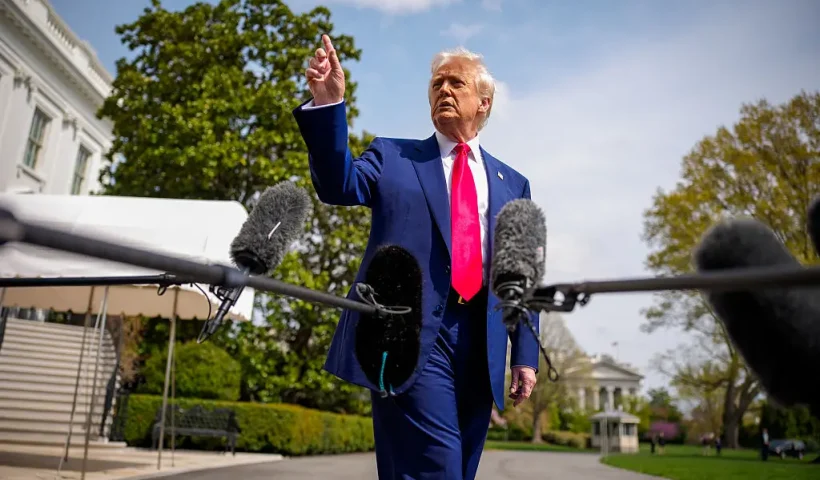 WASHINGTON, DC - APRIL 3: U.S. President Donald Trump speaks to members of the media before boarding Marine One on the South Lawn of the White House on April 3, 2025 in Washington, DC. Trump spoke a day after announcing sweeping new tariffs targeting goods imported to the U.S. on countries including China, Japan and India.(Photo by Andrew Harnik/Getty Images)