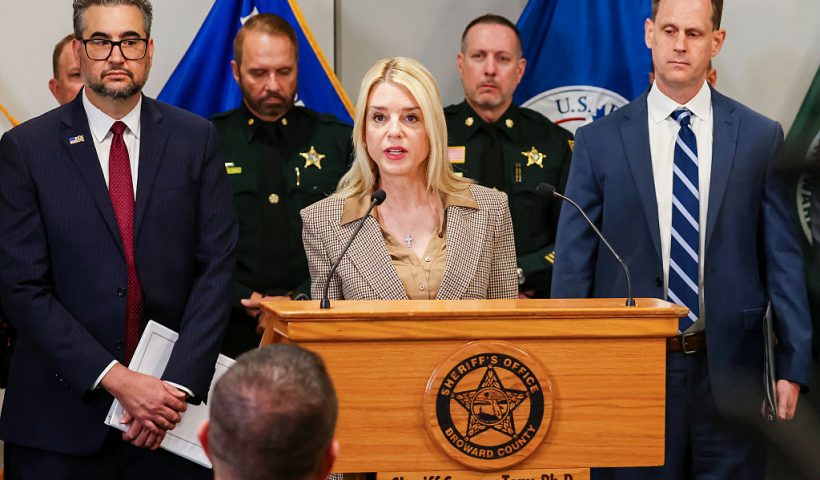 US Attorney General Pam Bondi speaks during a press conference about MS-13 gang activity at the Broward County Sheriff's Office Research, Development and Training Center in Fort Lauderdale, Florida, April 4, 2025. (Photo by Eva Marie UZCATEGUI / AFP) (Photo by EVA MARIE UZCATEGUI/AFP via Getty Images)