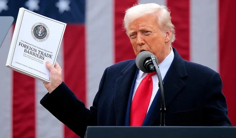 WASHINGTON, DC - APRIL 02: U.S. President Donald Trump holds up a copy of a 2025 National Trade Estimate Report as he speaks during a “Make America Wealthy Again” trade announcement event in the Rose Garden at the White House on April 2, 2025 in Washington, DC. Touting the event as “Liberation Day”, Trump is expected to announce additional tariffs targeting goods imported to the U.S. (Photo by Chip Somodevilla/Getty Images)