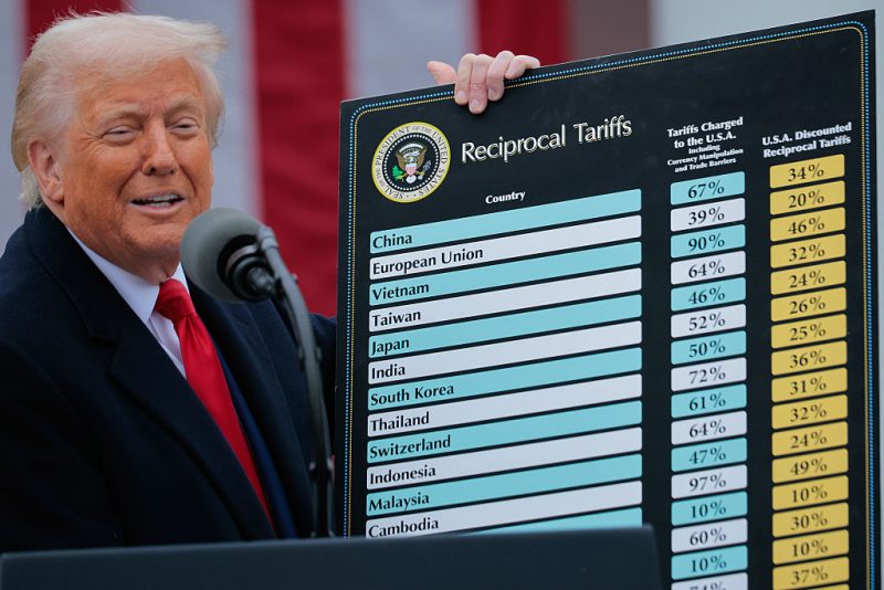 WASHINGTON, DC - APRIL 02: U.S. President Donald Trump speaks during a “Make America Wealthy Again” trade announcement event in the Rose Garden at the White House on April 2, 2025 in Washington, DC. Touting the event as “Liberation Day”, Trump announced additional tariffs targeting goods imported to the U.S. (Photo by Chip Somodevilla/Getty Images)