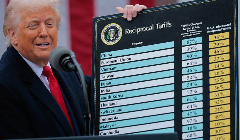 WASHINGTON, DC - APRIL 02: U.S. President Donald Trump speaks during a “Make America Wealthy Again” trade announcement event in the Rose Garden at the White House on April 2, 2025 in Washington, DC. Touting the event as “Liberation Day”, Trump announced additional tariffs targeting goods imported to the U.S. (Photo by Chip Somodevilla/Getty Images)