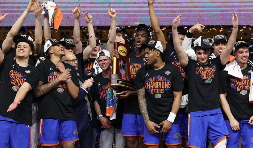 SAN ANTONIO, TEXAS - APRIL 07: The Florida Gators celebrate after defeating the Houston Cougars in the National Championship of the NCAA Men's Basketball Tournament at the Alamodome on April 07, 2025 in San Antonio, Texas. (Photo by Jamie Squire/Getty Images)