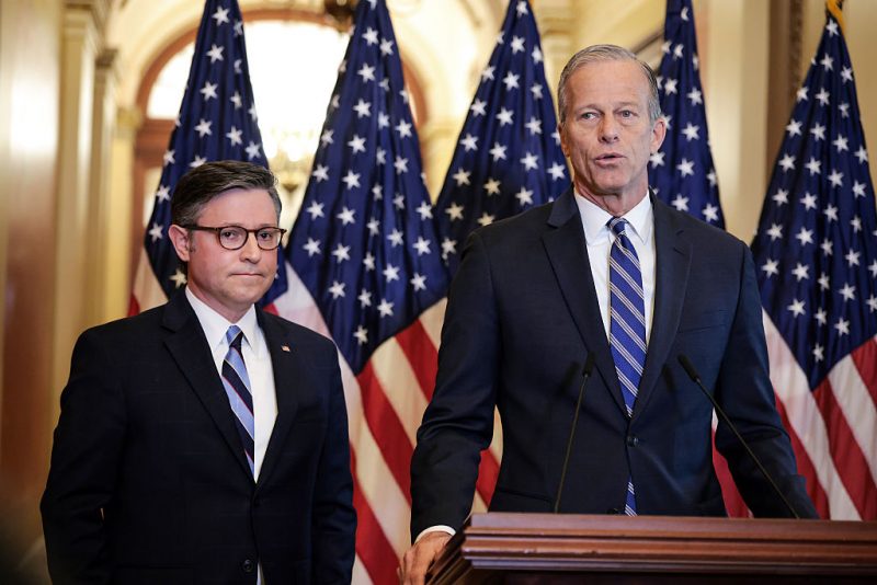 WASHINGTON, DC - APRIL 10: U.S. Senate Majority Leader John Thune (R-SD) (R) and Speaker of the House Mike Johnson (R-LA) hold a press conference on the Republican budget bill at the U.S. Capitol on April 10, 2025 in Washington, DC. The Republican leaders spoke on the reconciliation process and said they would find $1.5 trillion in cuts as the House prepares to vote on President Trump's budget outline for his tax and spending plan after Republican holdouts refused to vote without deeper cuts. (Photo by Kayla Bartkowski/Getty Images)