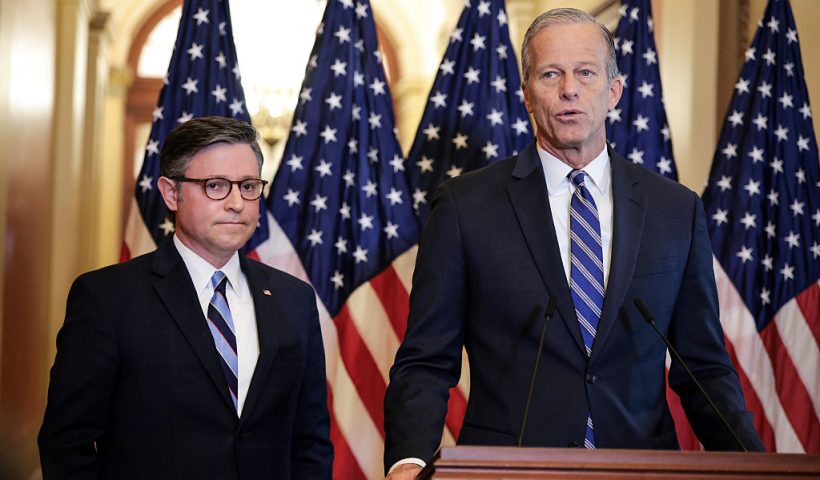 WASHINGTON, DC - APRIL 10: U.S. Senate Majority Leader John Thune (R-SD) (R) and Speaker of the House Mike Johnson (R-LA) hold a press conference on the Republican budget bill at the U.S. Capitol on April 10, 2025 in Washington, DC. The Republican leaders spoke on the reconciliation process and said they would find $1.5 trillion in cuts as the House prepares to vote on President Trump's budget outline for his tax and spending plan after Republican holdouts refused to vote without deeper cuts. (Photo by Kayla Bartkowski/Getty Images)