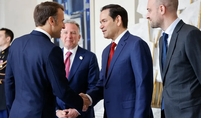 France's President Emmanuel Macron (L) shakes hands with US Secretary of State Marco Rubio (2R) next to US Special Envoy Steve Witkoff (C) and France's Minister for Europe and Foreign Affairs Jean-Noel Barrot before a meeting at the Elysee presidential palace in Paris on April 17, 2025. US Secretary of State was in Paris today to meet French President about crafting a Ukraine ceasefire, as Washington and Europe seek common ground on ending the fighting. Top Ukrainian officials were also in the French capital to meet EU and US delegations. (Photo by Ludovic MARIN / POOL / AFP) (Photo by LUDOVIC MARIN/POOL/AFP via Getty Images)
