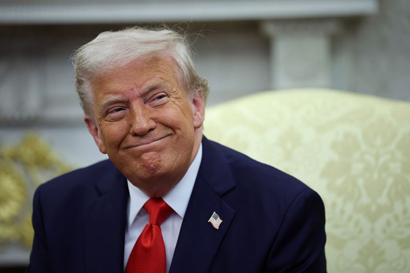 WASHINGTON, DC - APRIL 14: U.S. President Donald Trump smiles as he meets with President Nayib Bukele of El Salvador in the Oval Office of the White House April 14, 2025 in Washington, DC. Trump and Bukele were expected to discuss a range of bilateral issues including the detention of Kilmar Armando Abrego Garcia, who has been held in a prison in El Salvador since March 15. (Photo by Win McNamee/Getty Images)
