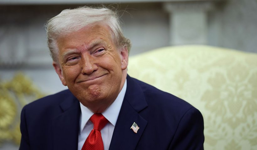 WASHINGTON, DC - APRIL 14: U.S. President Donald Trump smiles as he meets with President Nayib Bukele of El Salvador in the Oval Office of the White House April 14, 2025 in Washington, DC. Trump and Bukele were expected to discuss a range of bilateral issues including the detention of Kilmar Armando Abrego Garcia, who has been held in a prison in El Salvador since March 15. (Photo by Win McNamee/Getty Images)