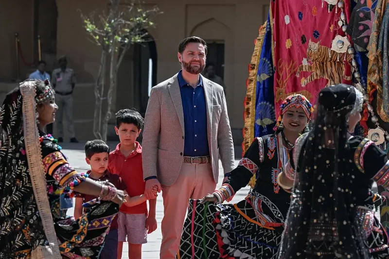 JAIPUR, INDIA - APRIL 22: U.S. Vice President JD Vance and his sons, Vivek, (left) and Ewan watch a cultural performance at Amber Fort a historical site on April 22, 2025 in Jaipur, India. (Photo Kenny Holston - Pool/Getty Images)