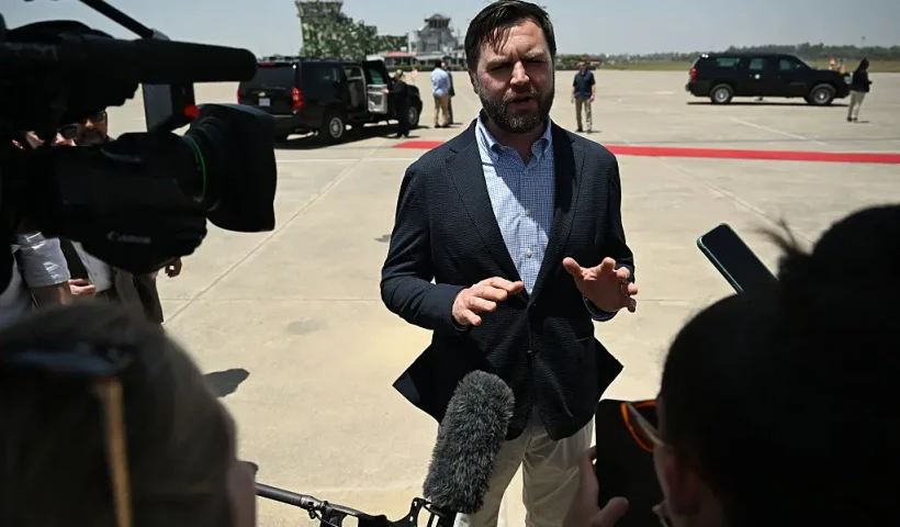 AGRA, INDIA - APRIL 23: U.S. Vice President JD Vance speaks to media as he departs Agra, India en route to Jaipur, India after visiting the Taj Mahal on April 23, 2025 in Agra, India. Vance and Indian Prime Minister Narendra Modi yesterday indicated progress had been made in talks for a trade deal between the two countries as New Delhi attempts to boosts ties with the Trump administration and avoid steep U.S. tariffs. (Photo Kenny Holston - Pool/Getty Images)
